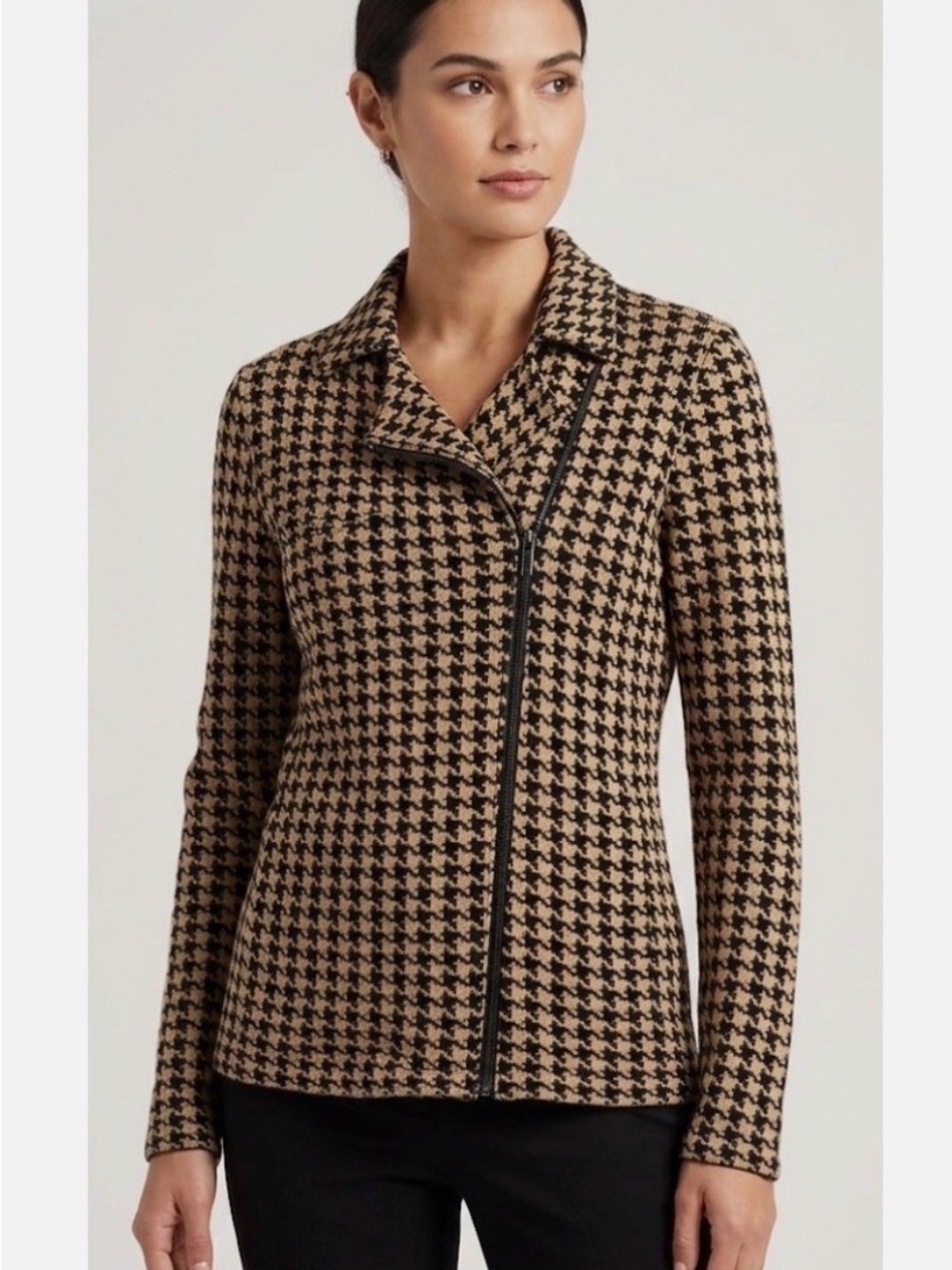Chaps Houndstooth Zip-Front Blazer in Black and Tan